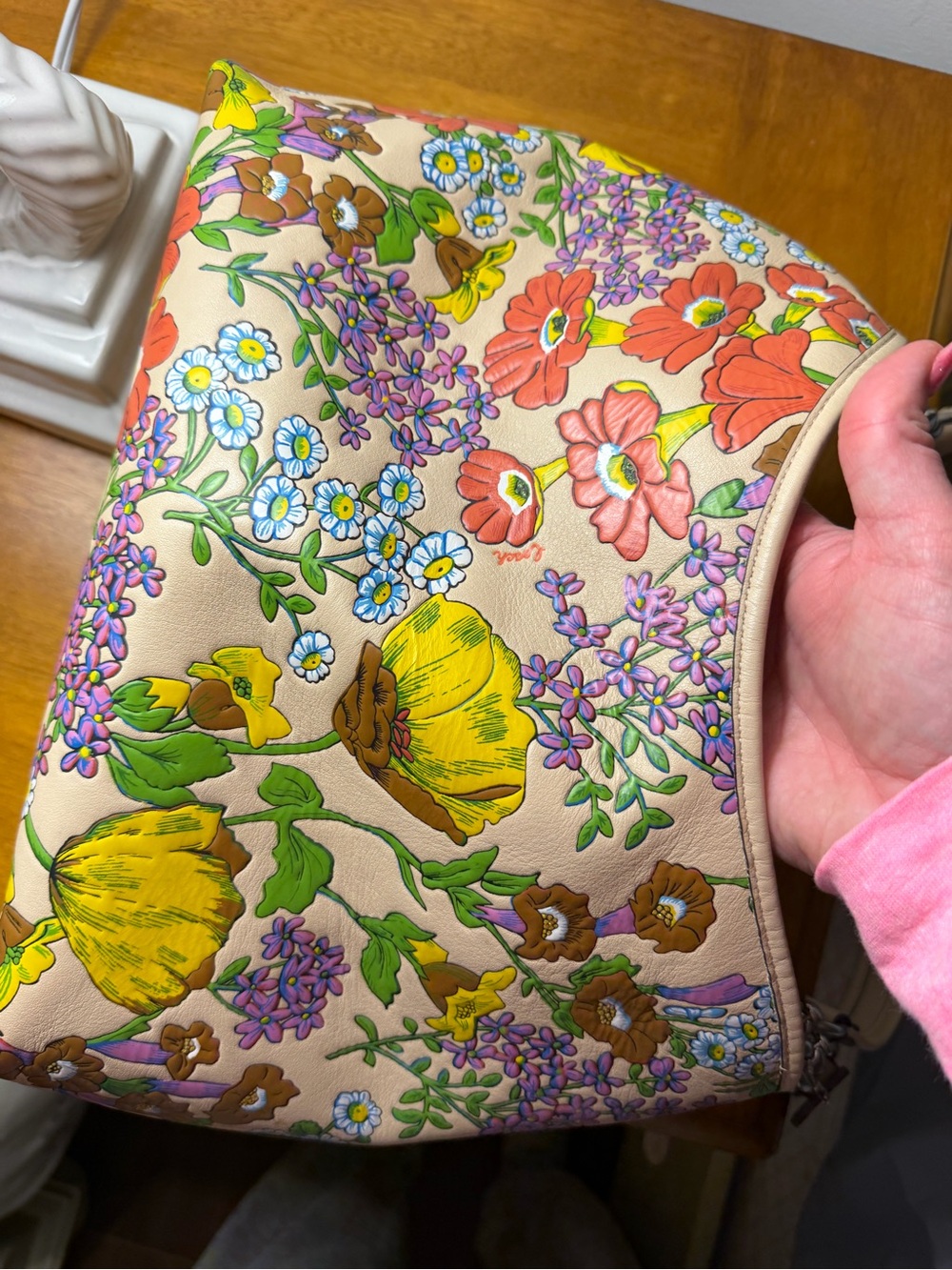 Coach Cream Floral Leather Tote and Matching Wallet with Multicolor Blooms - Picture 3 of 14